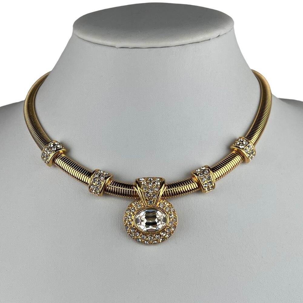 Monet Vintage Gold Tone Omega Chain Necklace Clear Rhinestones 17"